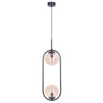 Lampa wisząca Venta z dwoma żarówkami E14 w czarnej metalowej oprawie i bursztynowymi kloszami. Produkt zawieszony na długim przewodzie, w minimalistycznym stylu, idealny do nowoczesnych wnętrz.