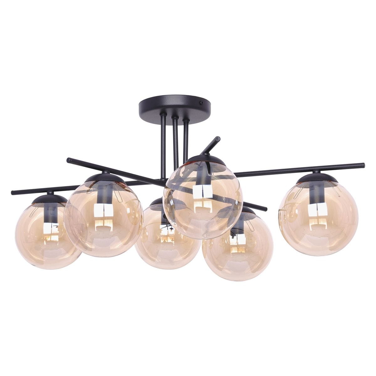 Lampa sufitowa Delta z 6 kloszami E14, czarna z metalowymi elementami, posiada bursztynowe, szklane kuliste klosze. Ułożona w sposób promienisty, montowana do sufitu, tworzy nowoczesny efekt świetlny.