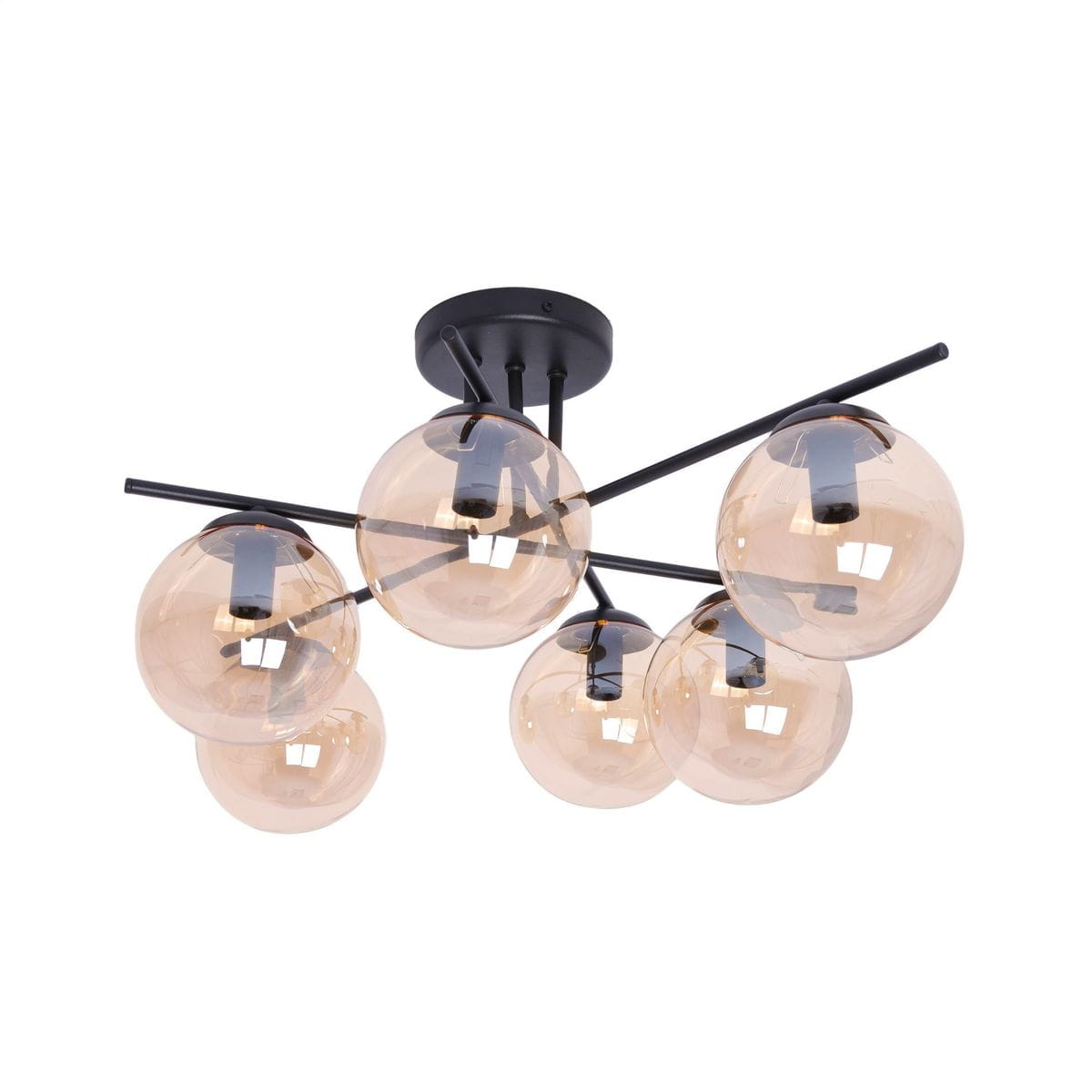 Lampa sufitowa Delta z sześcioma kloszami E14, w kolorze czarnym i bursztynowym. Okrągłe, przezroczyste klosze zawieszone na cienkich, czarnych ramionach, montowane na okrągłej podsufitce.