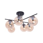 Lampa sufitowa Delta z sześcioma kloszami E14, w kolorze czarnym i bursztynowym. Okrągłe, przezroczyste klosze zawieszone na cienkich, czarnych ramionach, montowane na okrągłej podsufitce.
