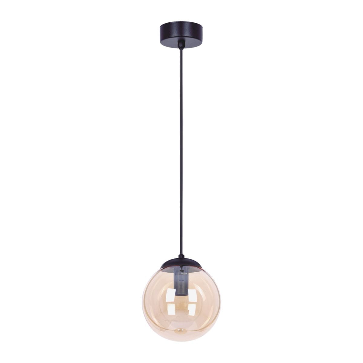 Lampa wisząca Delta z jedną oprawą E14, z czarnym metalowym wykończeniem i bursztynowym, przezroczystym kloszem w kształcie kuli. Zawieszona na cienkim, czarnym przewodzie, prezentująca nowoczesny design.