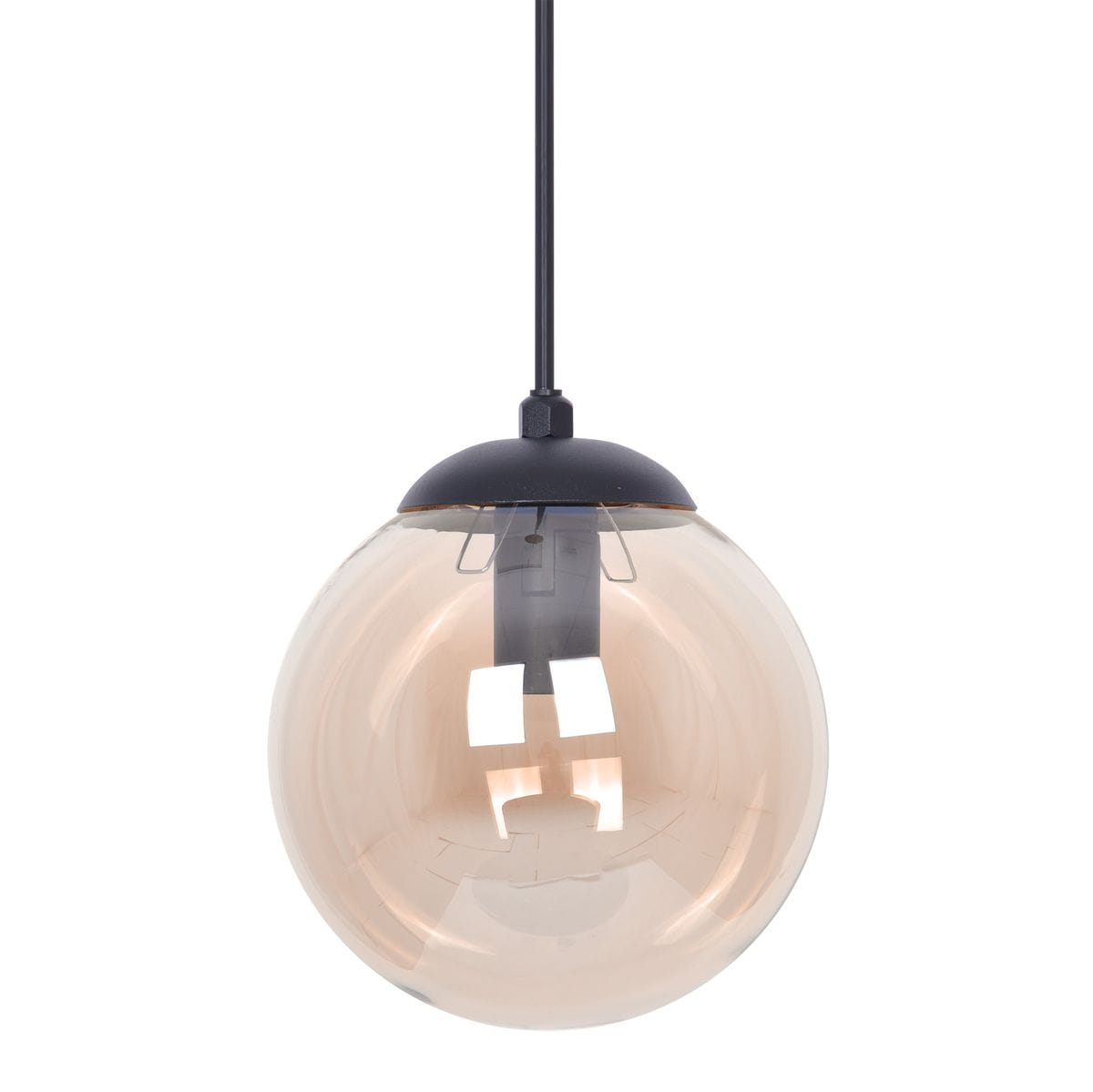 Lampa wisząca Delta 1xE14 w kolorze czarnym z bursztynowym kloszem. Okrągły, przezroczysty klosz zawieszony na czarnym przewodzie, z metalowym mocowaniem u góry. Widoczna oprawa na żarówkę.