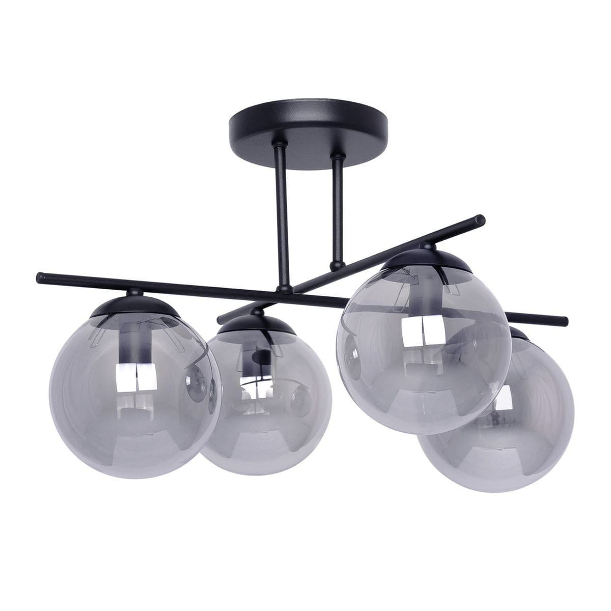 Lampa sufitowa Gamma z czarnym/grafitowym stelażem i czterema kulistymi kloszami w przezroczystym szkle. Ujęcie z dołu, produkt zamontowany na suficie, z widocznymi detalami mocowania i szkła. Idealna do nowoczesnych wnętrz.
