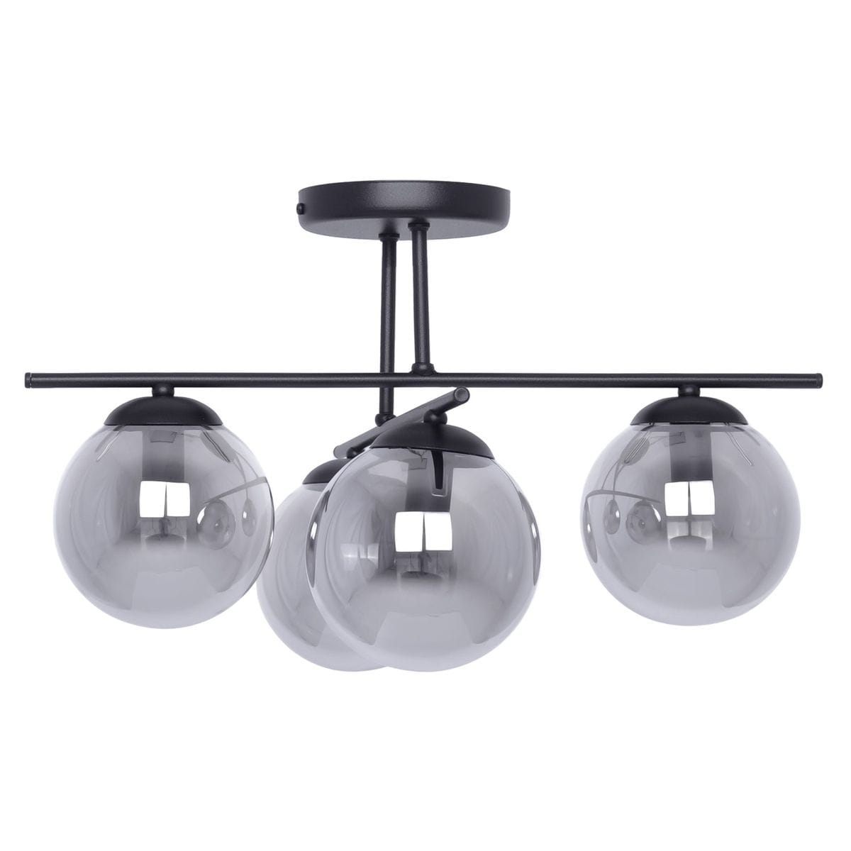 Czarna lampa sufitowa Gamma K-5166 z czterema kulistymi kloszami w kolorze grafitowym. Produkt zamontowany na płaskim, okrągłym stelażu. Klosze wykonane z przezroczystego szkła, ukazujące żarówki E14. Ujęcie z dołu, frontalnie.