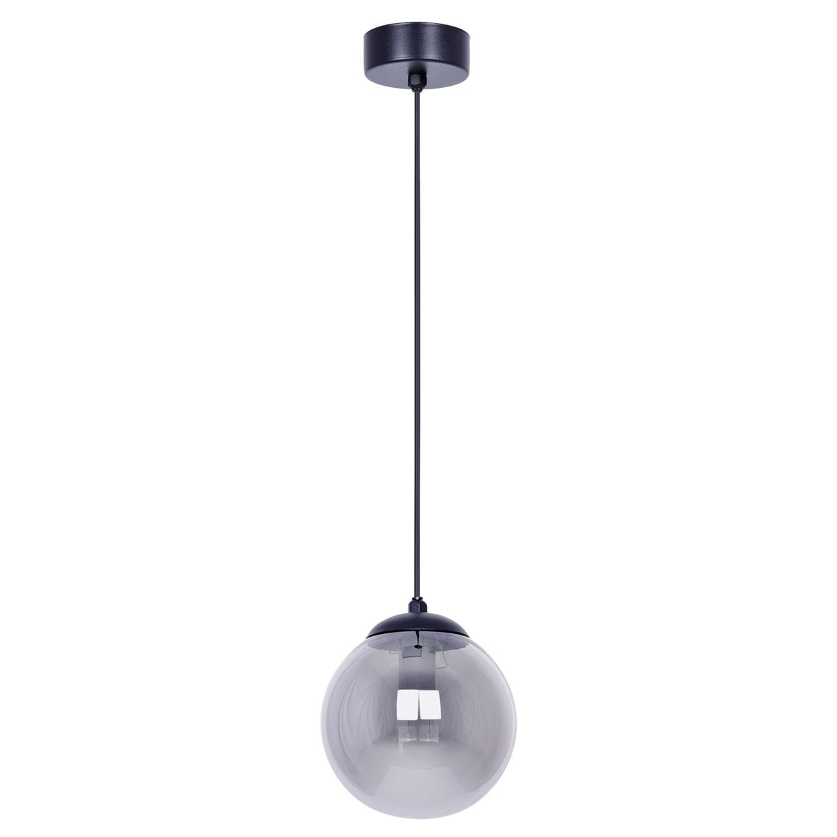 Lampa wisząca Gamma z jedną oprawą E14, w kolorze czarnym i grafitowym. Okrągła, przezroczysta kula ze szkła zawieszona na cienkim, czarnym przewodzie, z metalowym mocowaniem sufitowym. Ujęcie frontalne.