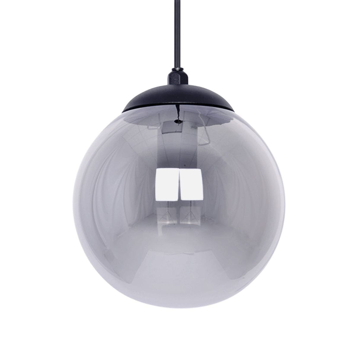 Lampa wisząca Gamma w kolorze czarnym i grafitowym z jednym gniazdem E14. Okrągła, przezroczysta kula ze szkła, zawieszona na cienkim kablu, z matowym wykończeniem. Widoczna elegancka podsufitka.