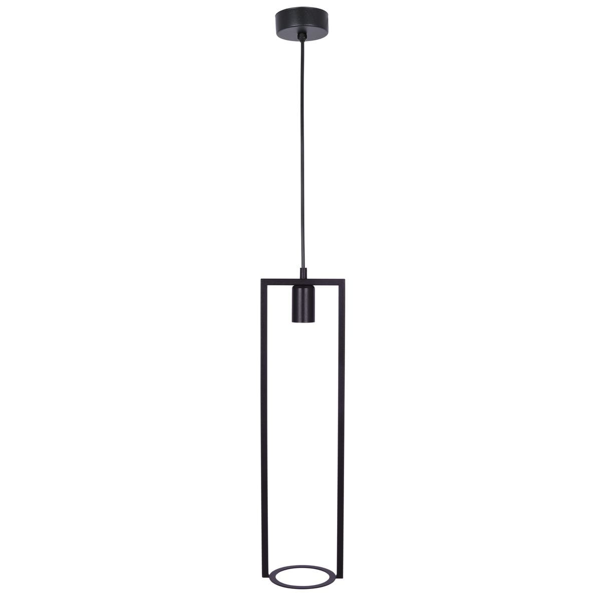 Czarna lampa wisząca Estera z funkcją kwietnika, z pojedynczym mocowaniem E27. Ma minimalistyczną, prostokątną konstrukcję z otwartą dolną częścią, zwisająca na cienkim przewodzie. Idealna do nowoczesnych wnętrz.