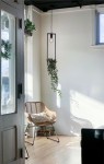 Lampa wisząca Estera w kolorze czarnym z funkcją kwietnika, z żarówką E27, zawieszona w pokoju. W tle widać rattanowe krzesło oraz rośliny. Lampa ma prostą, minimalistyczną konstrukcję, z dekoracyjnym elementem zielonym.