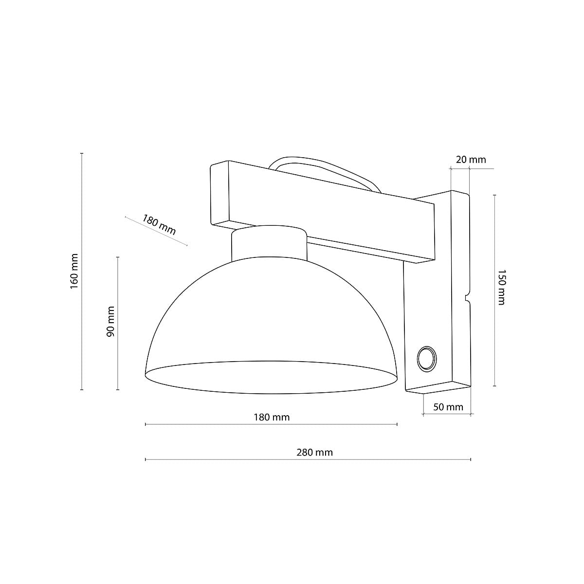 Oslo kinkiet 1-punktowy w kolorze białym, z okrągłą, metalową kopułą o średnicy 180 mm. Uchwyt montażowy prostokątny, wymiary: 280 mm szerokości, 160 mm wysokości. Wysokość kinkietu wynosi 180 mm, głębokość 50 mm. Idealny do nowoczesnych wnętrz.