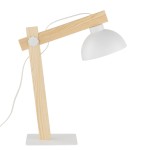 Oslo lampa biurkowa 1-punktowa w białej kolorystyce z drewnianym stelażem. Okrągła, matowa głowica lampy na regulowanym ramieniu, osadzona na prostokątnej podstawie. Widoczny pokrętło do regulacji.