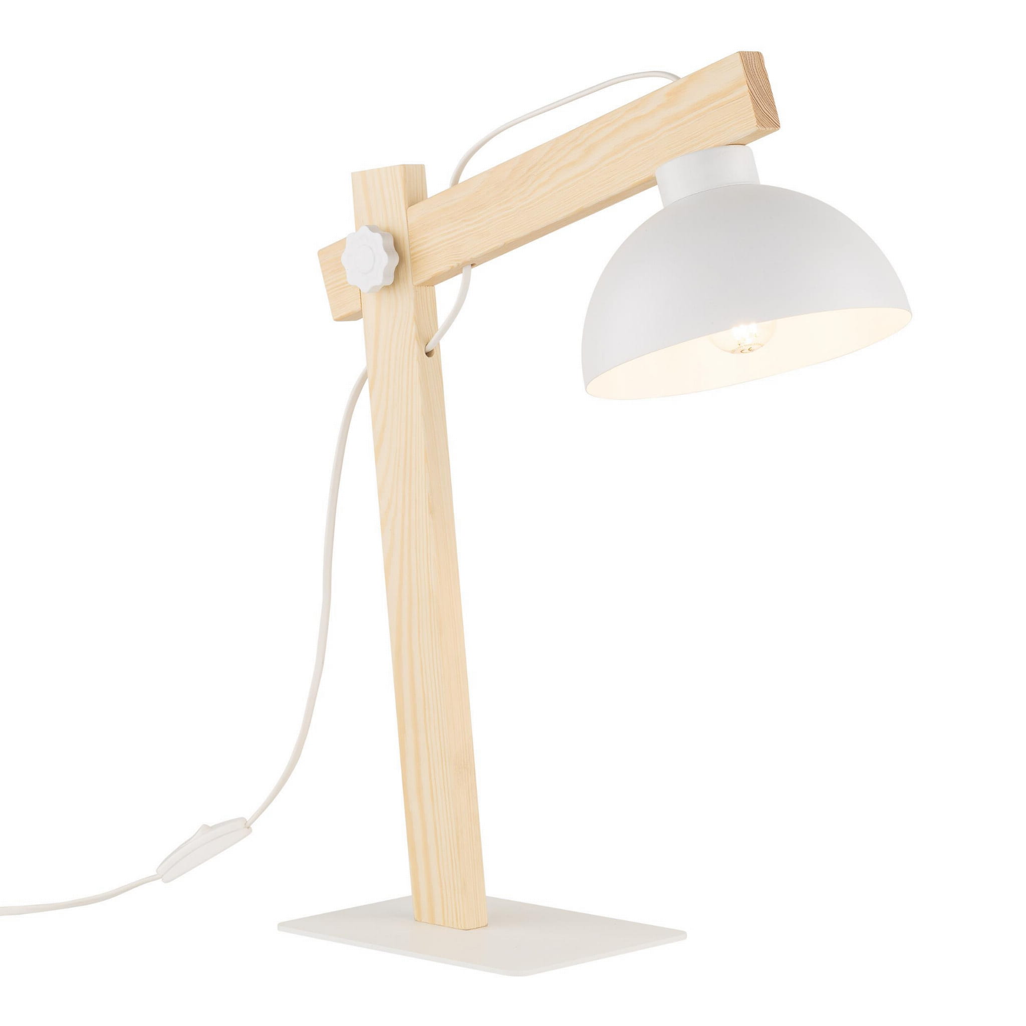 Biała lampa biurkowa Oslo z drewnianą podstawą i metalowym kloszem w kształcie półkuli. Ujęcie z boku, z widocznym przełącznikiem na kablu. Prosta, minimalistyczna forma idealna do biura lub domowego użytku.