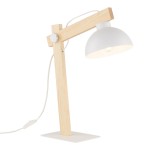 Biała lampa biurkowa Oslo z drewnianą podstawą i metalowym kloszem w kształcie półkuli. Ujęcie z boku, z widocznym przełącznikiem na kablu. Prosta, minimalistyczna forma idealna do biura lub domowego użytku.