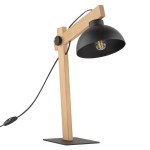 Czarna lampa biurkowa Oslo z jednopunktowym źródłem światła, z drewnianą podstawą. Klasyczny design z metalowym kloszem w kształcie misy, zamocowany na regulowanym ramieniu. Widoczny kabel z włącznikiem wzdłuż podstawy.