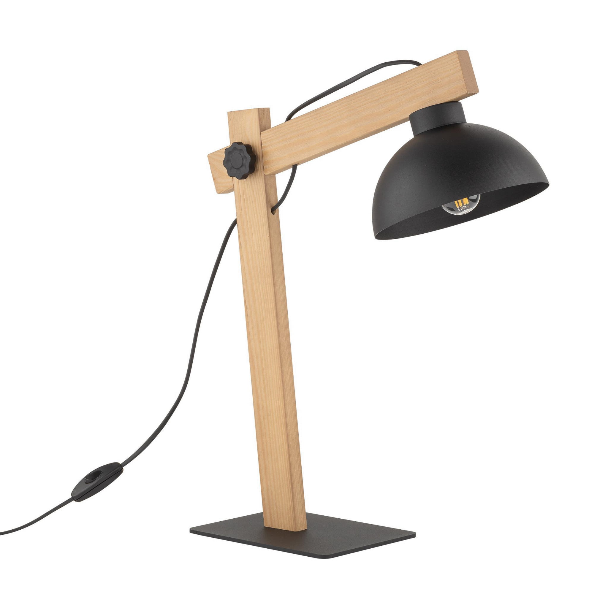 Czarna lampa biurkowa Oslo z 1 punktem świetlnym. Konstrukcja z drewna, z podstawą w kolorze czarnym. Okrągła klosz w matowym wykończeniu. Widoczny kabel z włącznikiem. Ujęcie z boku, lampa stoi na płaskiej powierzchni.