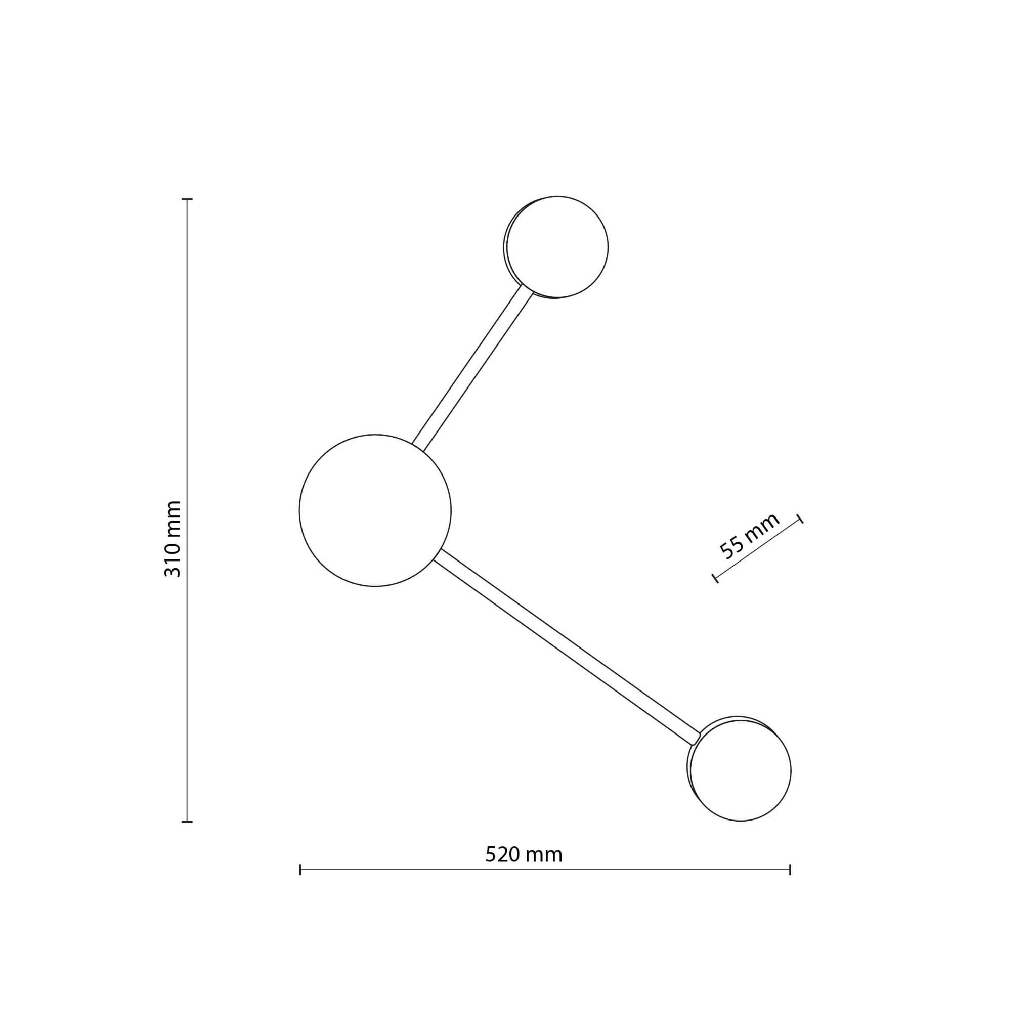 Kinkiet Avia 2xGX53 w kolorze czarnym, o wymiarach 520 mm szerokości i 310 mm wysokości. Nowoczesny design z okrągłymi elementami i prostymi liniami, montowany na ścianie. Dodatkowe detale to średnica 55 mm dla mniejszych elementów.