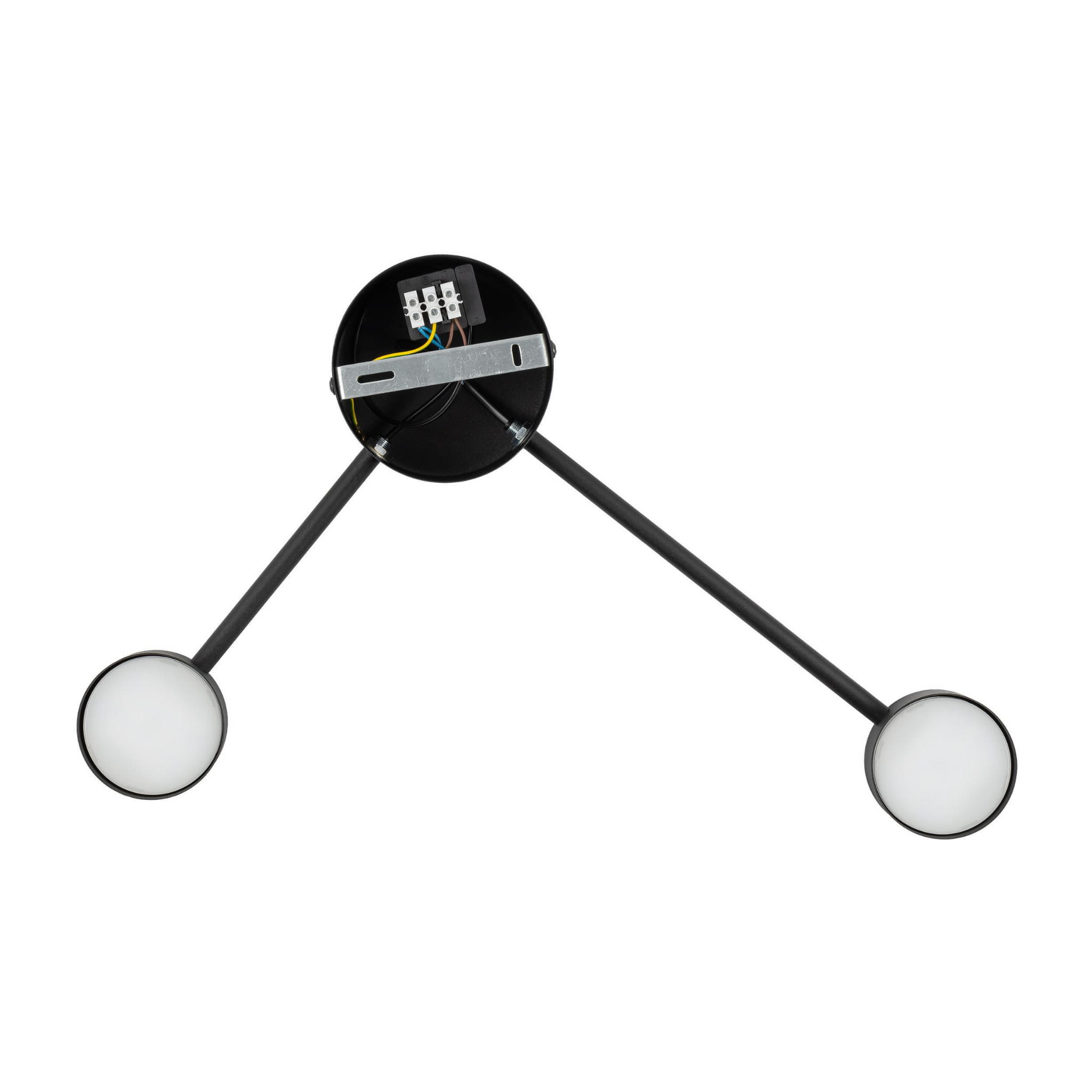 Kinkiet Avia 2xGX53 w kolorze czarnym z dwiema okrągłymi oprawami. Produkt ma dwa długie ramiona, które wychodzą z centralnej, okrągłej podstawy. Wewnątrz podstawy widoczne są przewody elektryczne.