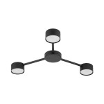 Lampa sufitowa Avia w kolorze czarnym z trzema okrągłymi źródłami światła GX53. Konstrukcja z metalowych ramion, umieszczona centralnie, z minimalistycznym designem. Produkt zamontowany w pozycji wiszącej.