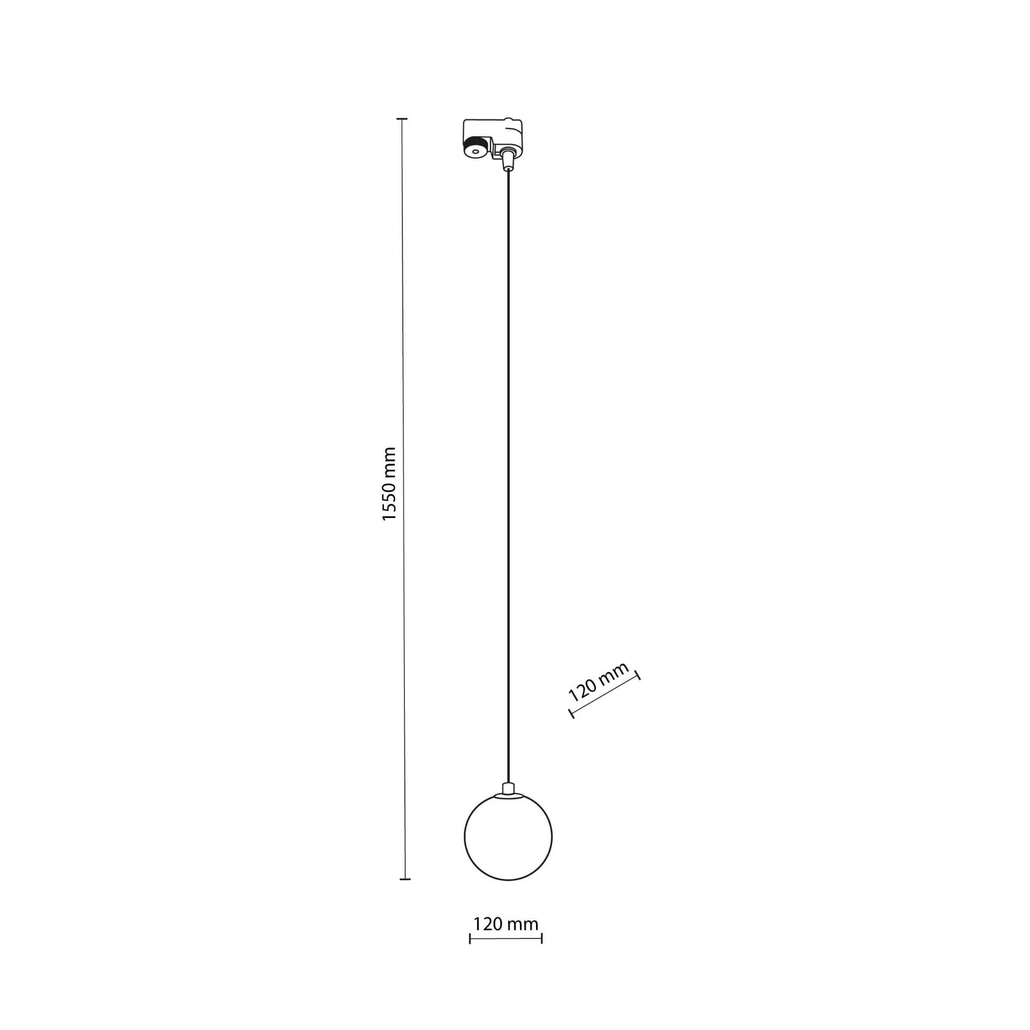 Lampa wisząca Tracer 1xG9 w kolorze czarnym i białym z okrągłym kloszem o średnicy 120 mm. Długość całkowita to 1550 mm. Produkt montowany na szynie, z minimalistycznym designem, widoczny z boku.