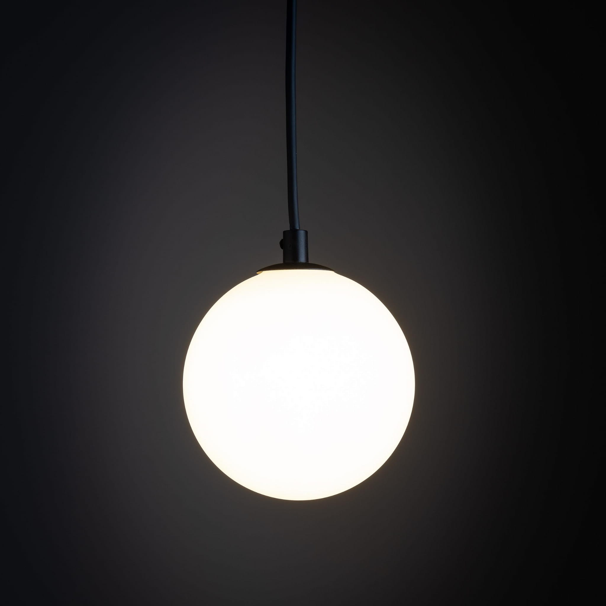 Lampa wisząca Tracer w kolorze czarnym i białym, z okrągłym, matowym kloszem, zawieszona na cienkim, czarnym przewodzie. Ujęcie zbliżone, pokazujące detal klosza na ciemnym tle. Przeznaczona do montażu na szynie, z miejscem na jedną żarówkę G9.