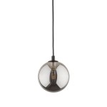 Lampa wisząca Tracer 1xG9 w kolorze czarnym i grafitowym, z kulistym kloszem w ciemnym, przezroczystym szkle. Produkt zawieszony na długim, czarnym przewodzie, widok frontalny. Idealna do systemu oświetlenia szynowego.