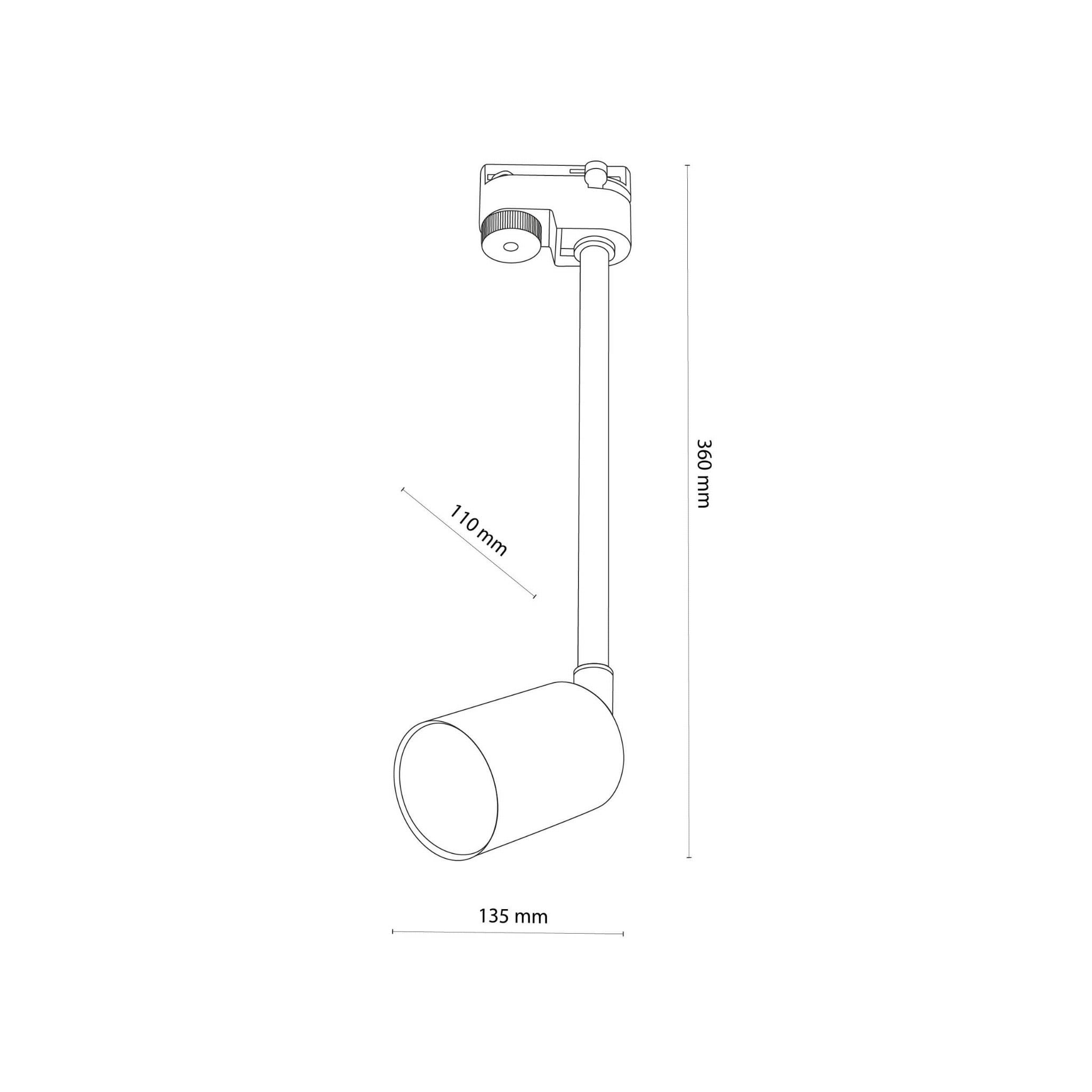 Reflektor spot Tracer 1xGU10 w kolorze czarnym, zamontowany na szynie. Uchwyt o długości 360 mm, z głowicą o średnicy 135 mm i wysokości 110 mm. Prosty, minimalistyczny design, idealny do oświetlenia wnętrz.