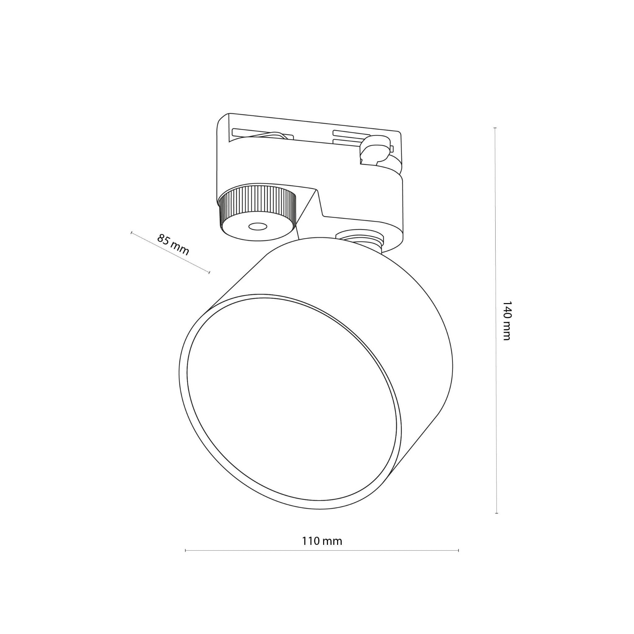 Reflektor Tracer 1xGX53 w kolorze czarnym, montowany na szynie. Okrągła obudowa o średnicy 110 mm, wysokości 140 mm, z regulacją kąta. Widoczne wymiary: 85 mm wysokości mocowania. Prosty design, idealny do oświetlenia wnętrz.