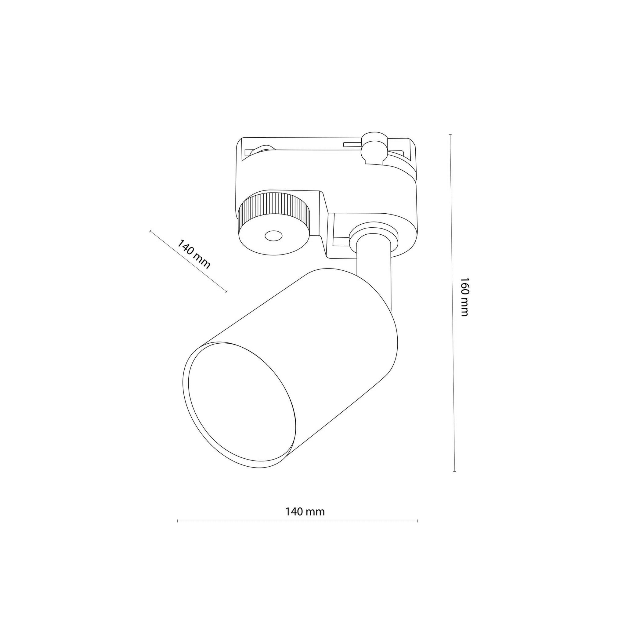 Reflektor spot Tracer 1xGU10 w kolorze czarnym i złotym, o wymiarach 140 mm szerokości i 160 mm wysokości, zamontowany na ruchomej podstawie. Prosty, cylindryczny kształt lampy, z widocznym mocowaniem do szyny.