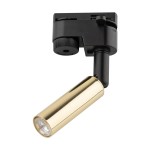 Reflektor spot Tracer 1xG9 w kolorze czarnym i złotym, z cylindryczną głowicą, zamocowany na czarnej podstawie. Ujęcie z boku, pokazujące detal chromowanego wykończenia oraz elementy regulacyjne. Idealny do oświetlenia szynowego.