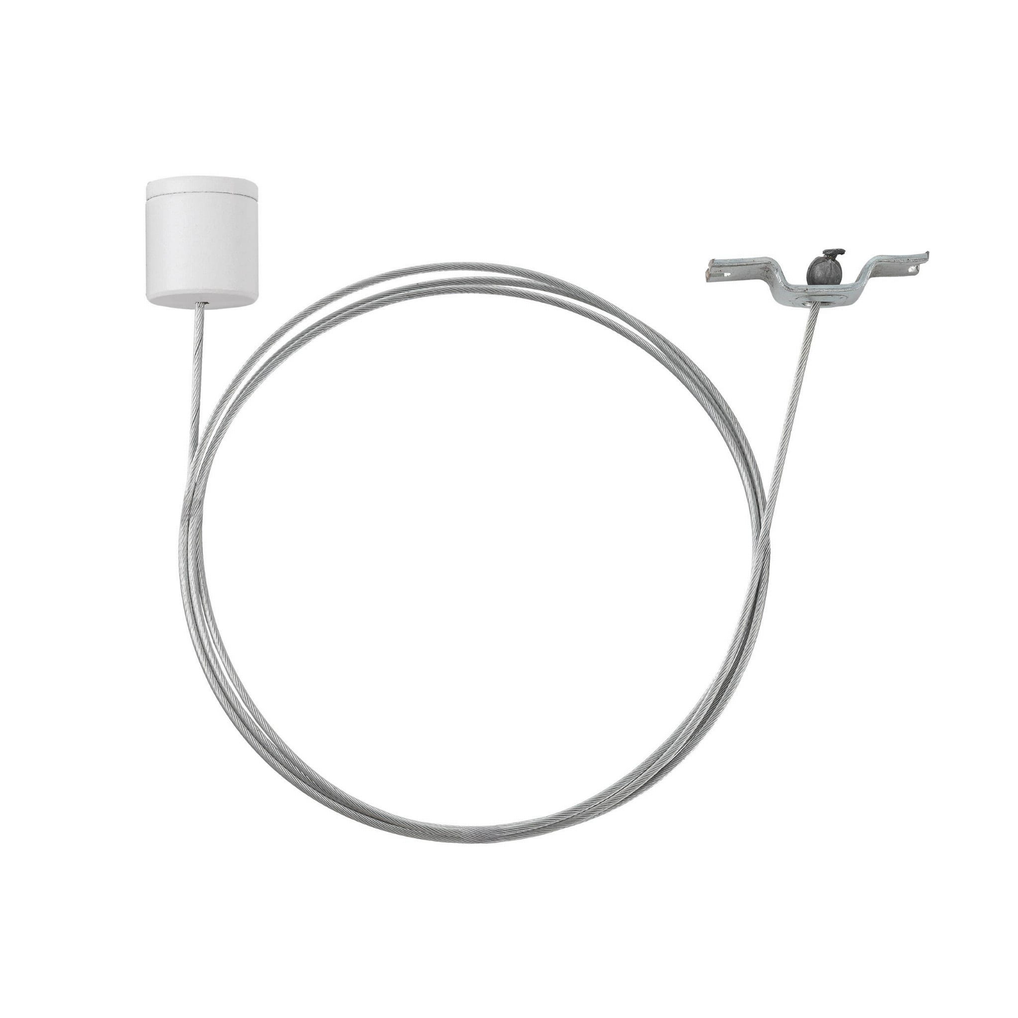 Linka podwieszająca Tracer 5305 w kolorze białym, z metalowym stalowym przewodem i mocowaniem. Ujęcie frontalne, z widocznym okrągłym uchwytem. Idealna do montażu na szynach, zapewniająca stabilne zawieszenie.