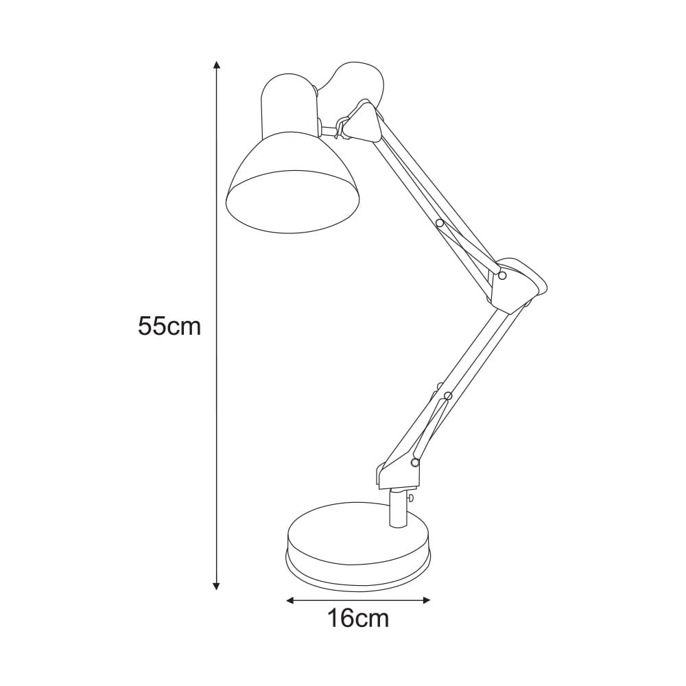 Lampka biurkowa Cosmo z chromowanym wykończeniem, z regulowanym ramieniem, wysokość 55 cm, średnica podstawy 16 cm, z kloszem o okrągłym kształcie. Ujęcie frontalne, prezentujące detal konstrukcji oraz proporcje.