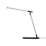 Lampka biurkowa Niko w kolorze czarnym, z jedną diodą LED o mocy 5W. Posiada smukłą, regulowaną ramię z aluminium oraz prostokątną podstawę. Widoczny przycisk włączania na podstawie. Ujęcie z boku, dobrze eksponujące kształt i funkcjonalność.