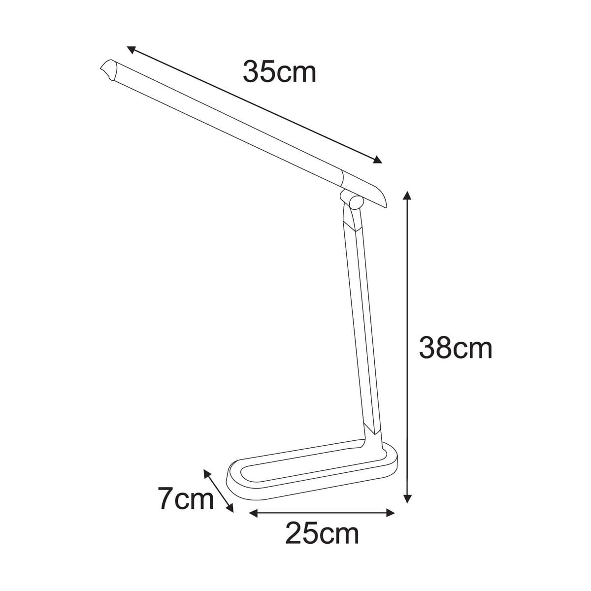 Lampka biurkowa Niko w kolorze czarnym, z jedną diodą LED o mocy 5W. Posiada nowoczesny, smukły design z podstawą o wymiarach 25x7 cm oraz wysokości 38 cm, klosz o długości 35 cm, ustawiona w pozycji stojącej.