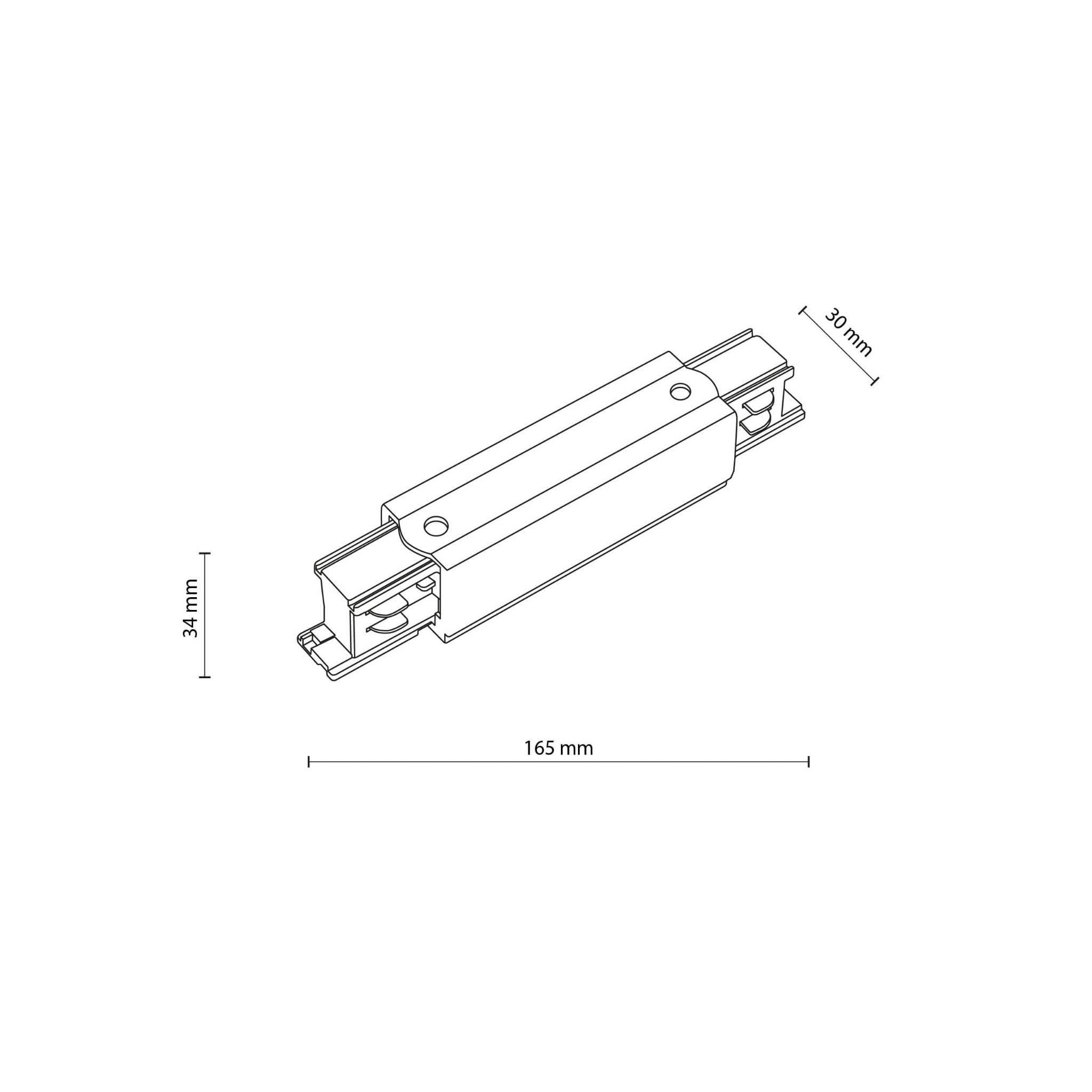 Złącze liniowe proste Tracer do prowadnicy szyny 3-fazowej w kolorze czarnym, o wymiarach 165 mm długości, 30 mm szerokości i 34 mm wysokości, pokazane z boku, z wyraźnymi detalami mocowania.