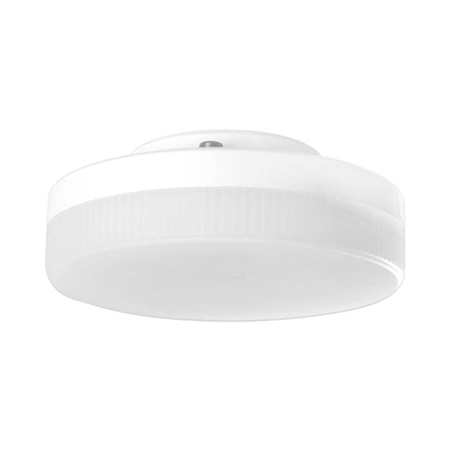 Żarówka LED GX53 o mocy 8W, emitująca neutralne białe światło (4000K). Produkt ma okrągły kształt, biały kolor, matową obudowę z delikatnymi żłobieniami na bokach. Widoczna podstawa do montażu. Ujęcie z dołu, pokazujące całą żarówkę.