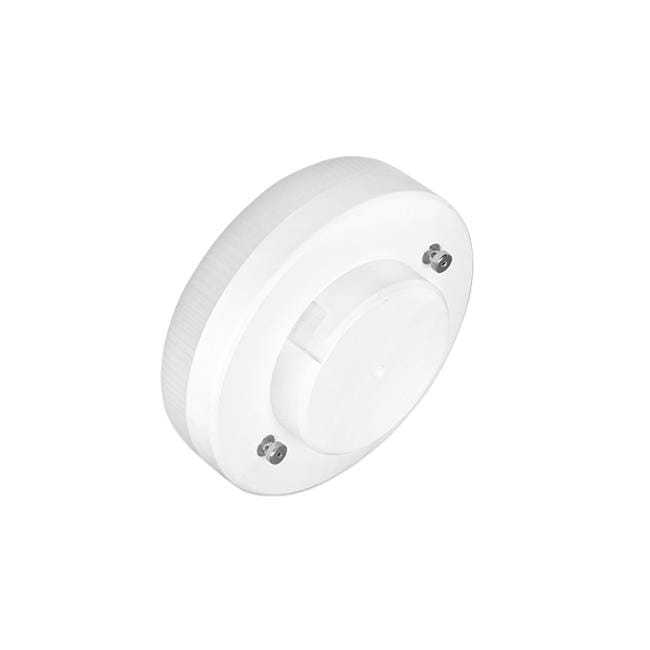 Żarówka LED GX53 o mocy 10W w neutralnej białej barwie, okrągła, z białym, matowym kloszem. Widoczny spód z dwoma widocznymi mocowaniami. Produkt leży na płaskiej powierzchni, z boku.