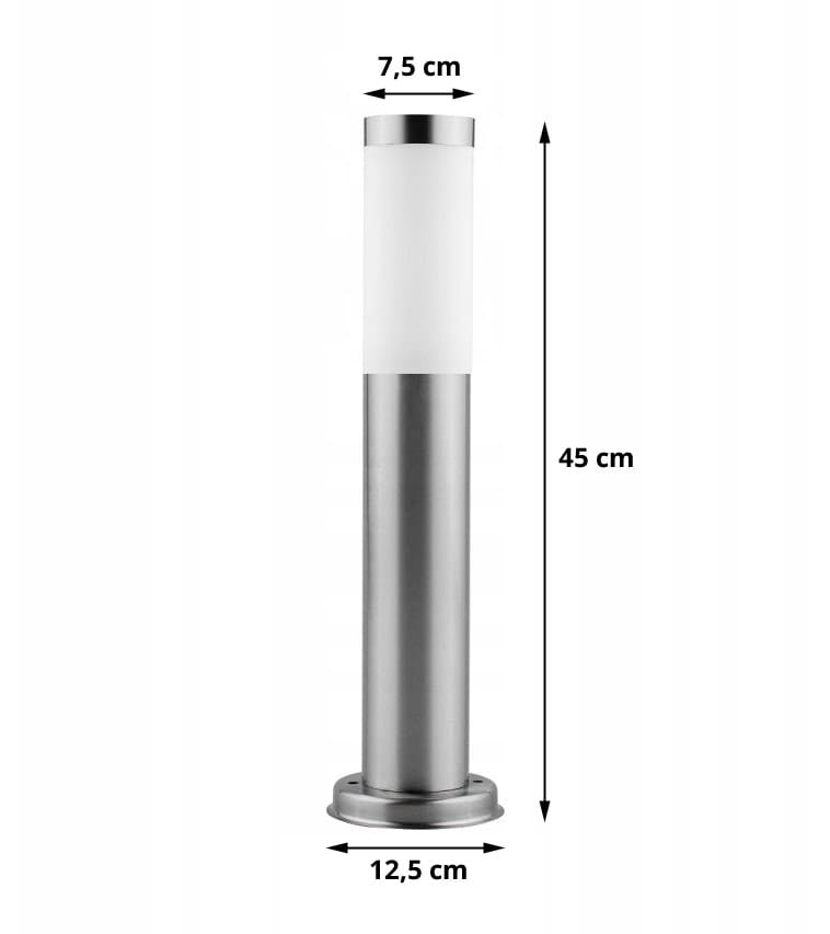 Lampa stojąca ogrodowa Manila H45, okrągła, w kolorze srebrnym. Wysokość 45 cm, średnica podstawy 12,5 cm, górna średnica 7,5 cm. Prosta, cylindryczna konstrukcja z matowego klosza, idealna do oświetlenia przestrzeni zewnętrznych.