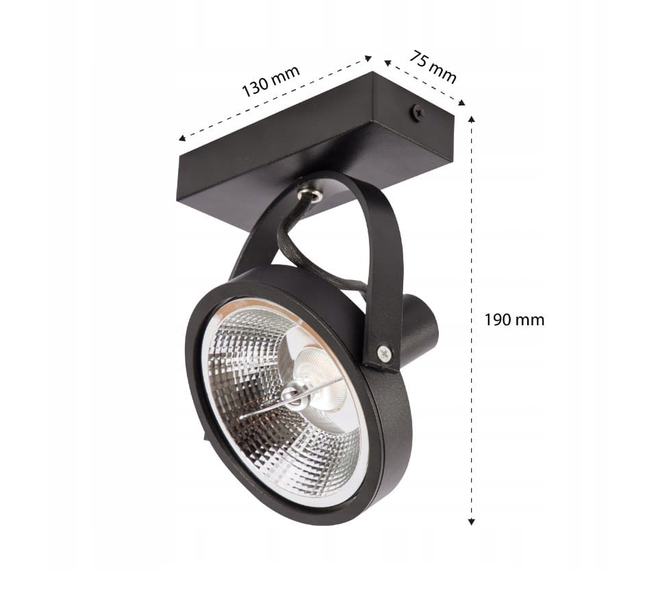 Lampa sufitowa Leon w kolorze czarnym, z pojedynczym kloszem typu spot na żarówkę GU10 AR111. Klosz okrągły, metalowy, z lustrzanym wnętrzem. Ujęcie z boku, widoczne wymiary: 130 mm szerokości, 190 mm wysokości, 75 mm głębokości.