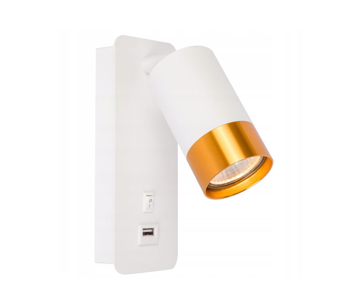 Klemens kinkiet w kolorze białym z złotą oprawą, z gniazdem USB i włącznikiem. Lampa ma regulowany klosz, który umożliwia kierowanie światła. Idealna do czytania, montowana na ścianie.