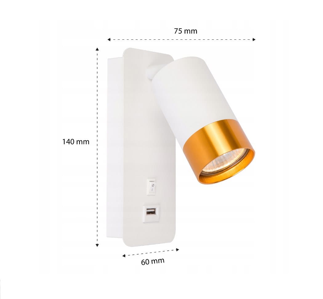 Kinkiet Klemens w kolorze białym i złotym, z gniazdem USB, posiada ruchomą oprawę na żarówkę GU10. Wymiary: 140 mm wysokości, 75 mm szerokości, 60 mm głębokości. Widoczny włącznik z boku.
