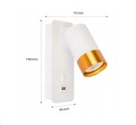 Kinkiet Klemens w kolorze białym i złotym, z gniazdem USB, posiada ruchomą oprawę na żarówkę GU10. Wymiary: 140 mm wysokości, 75 mm szerokości, 60 mm głębokości. Widoczny włącznik z boku.