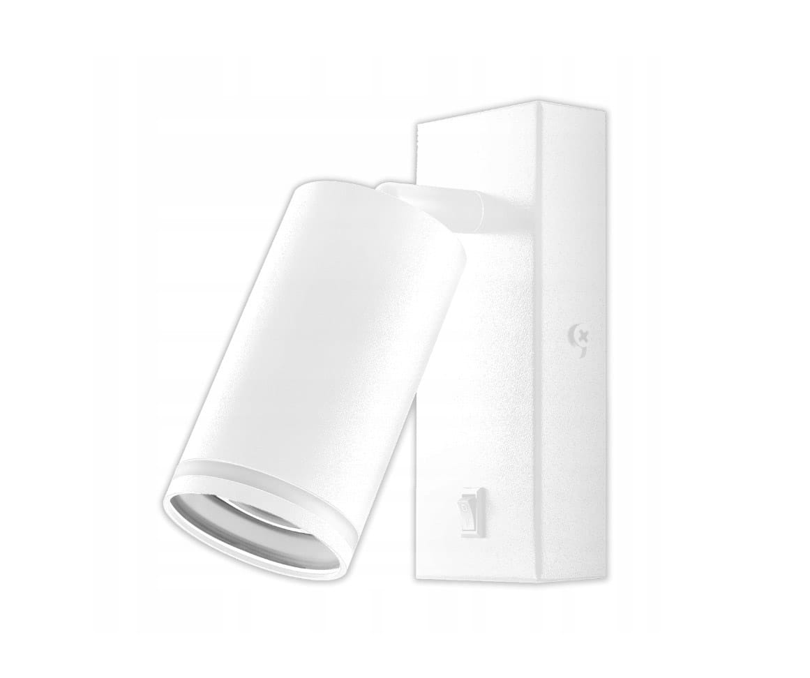 Biały kinkiet Ring 1xGU10, z obrotowym kloszem w cylindrycznym kształcie. Zamontowany na prostokątnej podstawie. Widoczny przełącznik na obudowie. Idealny do oświetlenia przy czytaniu.