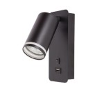 Kinkiet do czytania w kolorze czarnym z metalowym kloszem i gniazdem USB. Ujęcie z boku, widoczny włącznik oraz miejsce na żarówkę GU10. Prosty, minimalistyczny design, idealny do nowoczesnych wnętrz.