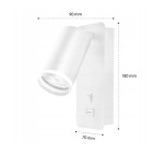 Kinkiet z gniazdem USB w kolorze czarnym, z regulowanym ramieniem i oprawą na żarówkę GU10. Wymiary to 90 mm szerokości i 180 mm wysokości. Dwa przyciski na obudowie do łatwej obsługi. Idealny do czytania.