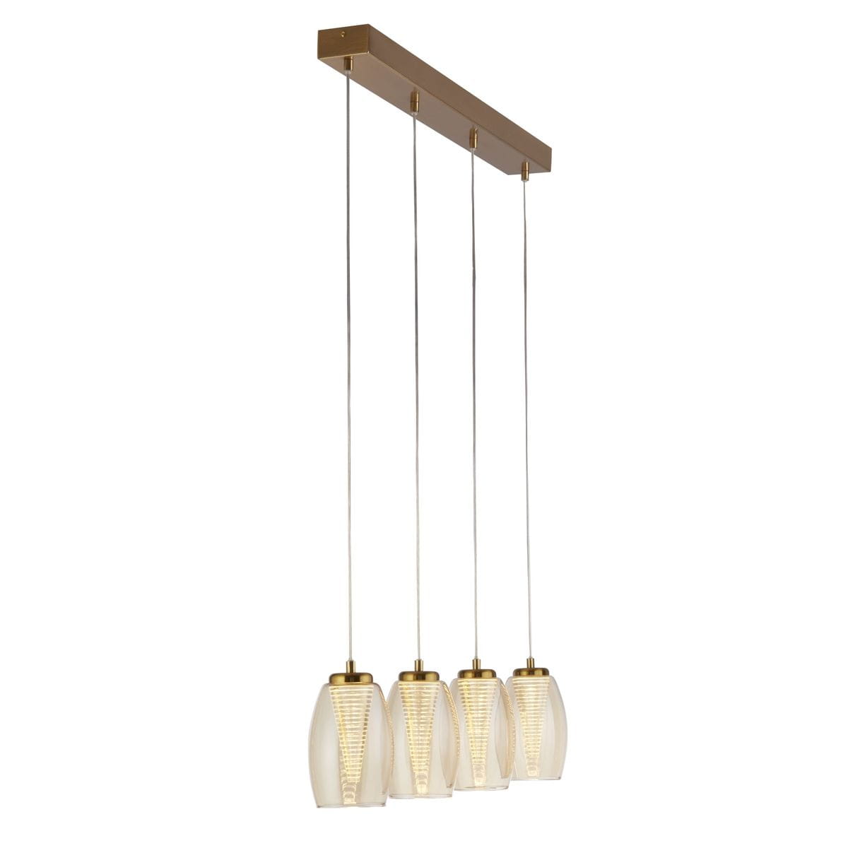 Lampa wisząca Cyclone w brązowym kolorze z bursztynowymi kloszami, składająca się z czterech źródeł światła LED o mocy 22W. Ułożona poziomo na metalowej półce, zawieszona na cienkich linkach. Klosze mają nowoczesny, geometryczny kształt.