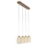 Lampa wisząca Cyclone w brązowym kolorze z bursztynowymi kloszami, składająca się z czterech źródeł światła LED o mocy 22W. Ułożona poziomo na metalowej półce, zawieszona na cienkich linkach. Klosze mają nowoczesny, geometryczny kształt.