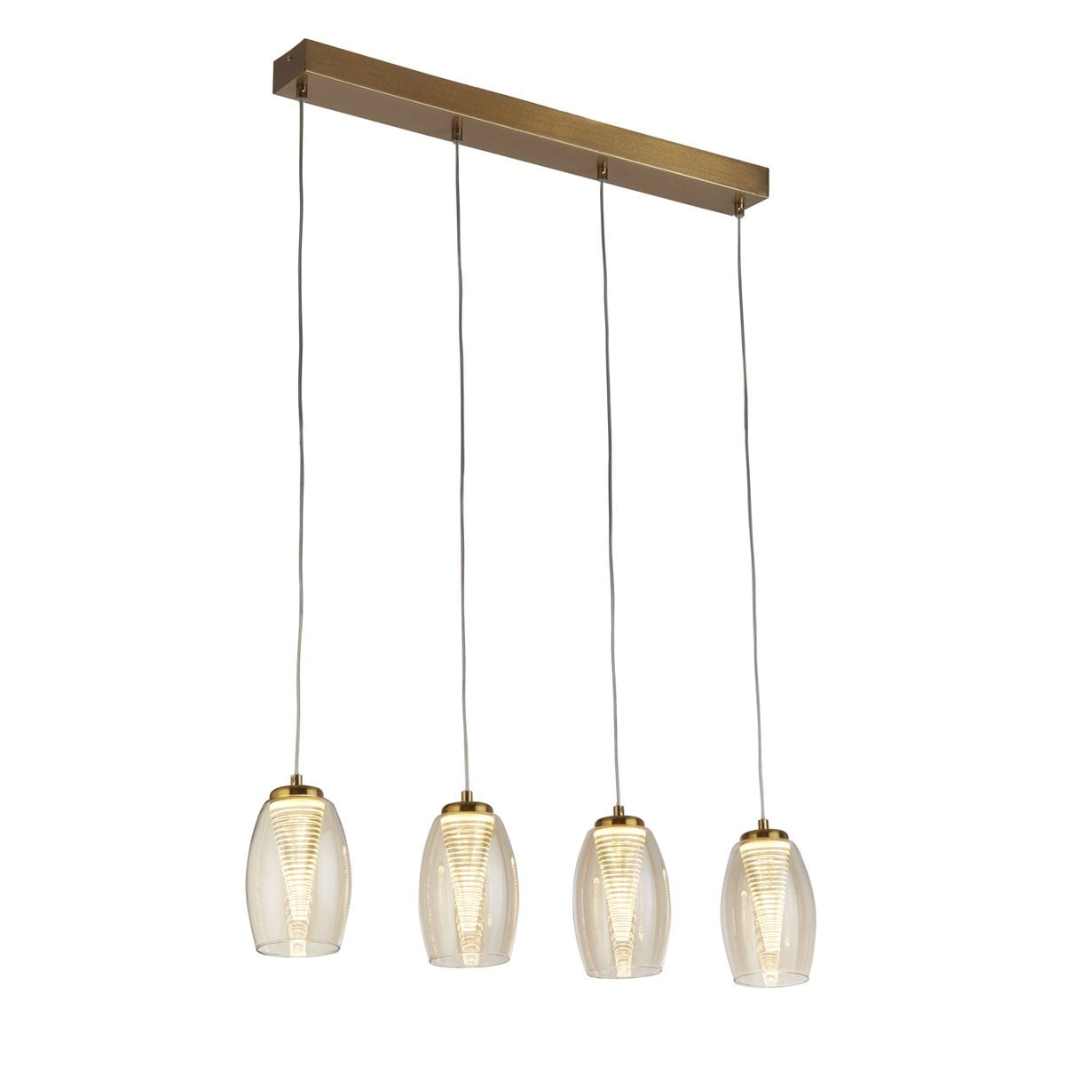 Lampa wisząca Cyclone z czterema kloszami LED, o mocy 22W, w brązowej metalowej oprawie z bursztynowymi, przezroczystymi kloszami. Klosze wiszą na cienkich przewodach, zawieszone na prostokątnej podstawie.