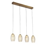 Lampa wisząca Cyclone z czterema kloszami LED, o mocy 22W, w brązowej metalowej oprawie z bursztynowymi, przezroczystymi kloszami. Klosze wiszą na cienkich przewodach, zawieszone na prostokątnej podstawie.