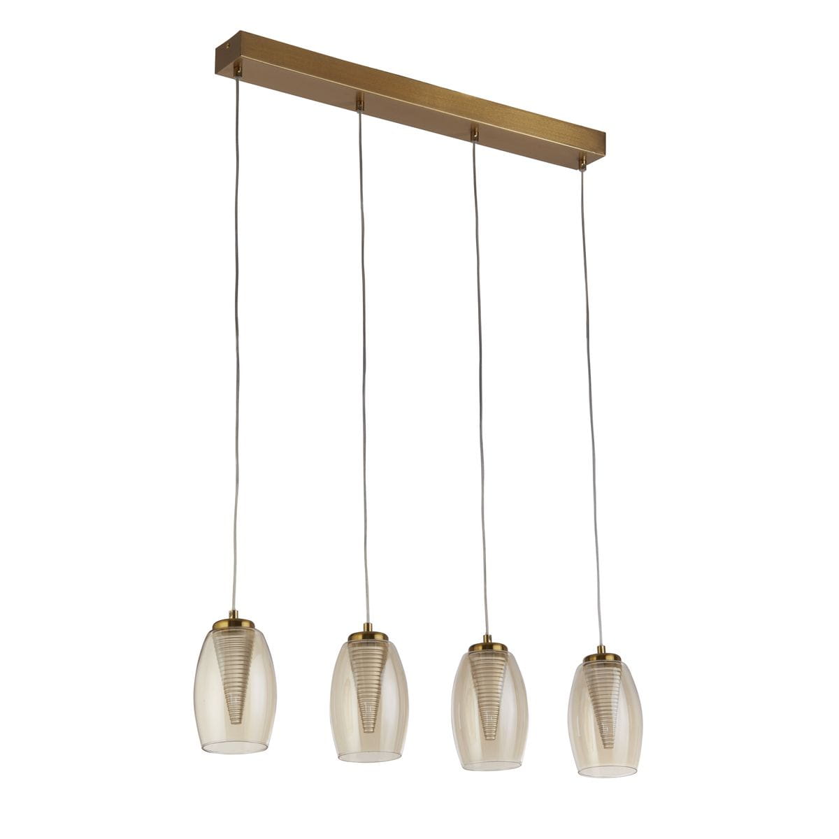Lampa wisząca Cyclone w kolorze brązowym i bursztynowym, z czterema kloszami LED o mocy 22W. Klosze mają owalny kształt, zawieszone na cienkich linkach z metalowym stelażem. Całość w nowoczesnym stylu, idealna do aranżacji wnętrz.