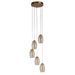 Lampa wisząca Cyclone z pięcioma kloszami LED w brązowym i bursztynowym kolorze. Klosze mają owalny kształt z delikatnym wzorem i wiszą na cienkich linkach. Całość zamontowana na okrągłej podstawie w złotym kolorze.