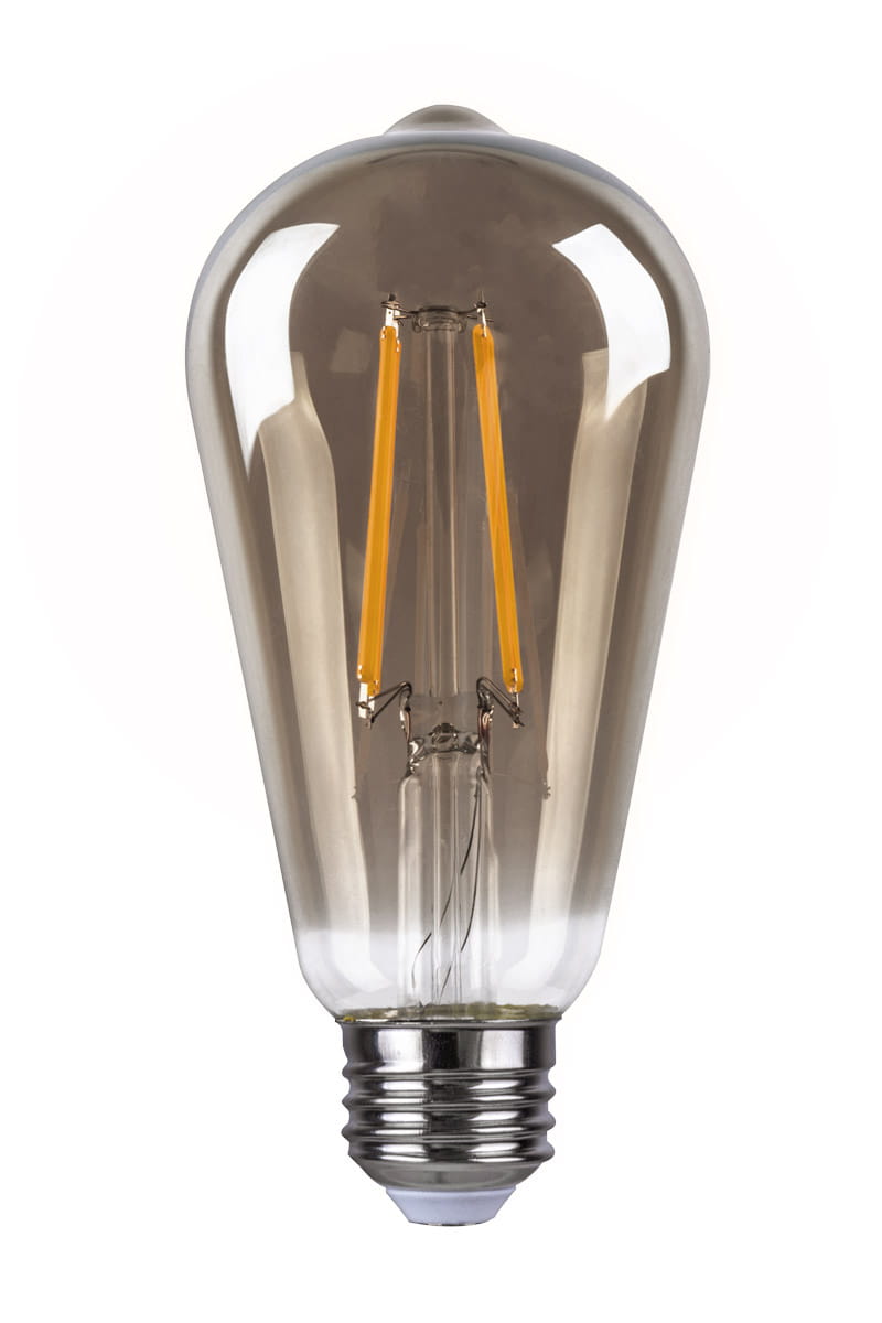 Żarówka LED ST64 E27 o mocy 10W i temperaturze barwowej 2200K, w kształcie tradycyjnej bańki. Posiada przezroczystą, smoky obudowę oraz widoczne dwie żarniki w formie prostokątnych filamentów. Ujęcie frontalne, produkt stoi na gwincie E27.